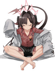 Rule 34 | 1girl, ahoge, barefoot, black shorts, blue archive, brown hair, closed eyes, closed mouth, coat, collarbone, full body, halo, highres, horns, kasumi (blue archive), long hair, mishima hiroji, red shirt, shirt, shorts, simple background, sitting, sleeves past fingers, sleeves past wrists, solo, tail, white background, white coat