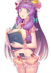 Rule 34 | 1girl, bloomers, book, bow, breasts, capelet, cleavage, covering privates, covering breasts, crescent, crescent moon, fiodo, frills, groin, hair bow, hat, highres, large breasts, long hair, moon, nail polish, open mouth, parted lips, patchouli knowledge, purple eyes, purple hair, pussy, see-through, solo, touhou, underwear, wrist cuffs