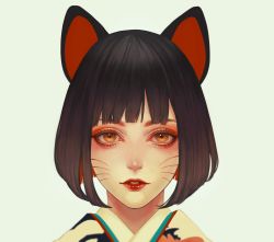 Rule 34 | 1girl, animal ears, black hair, blunt bangs, bob cut, commentary request, facial mark, grey background, highres, japanese clothes, kimono, lips, lipstick, looking at viewer, makeup, mouse ears, murasaki (fioletovyy), orange eyes, original, parted lips, portrait, red lips, short hair, signature, simple background, solo, upper body, whisker markings