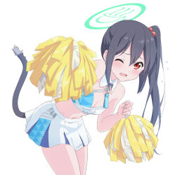 Rule 34 | 1girl, alternate costume, bent over, black hair, blue archive, blush, cat tail, cheerleader, commentary request, cosplay, crop top, detached collar, dresstrip, fake tail, fang, hair between eyes, halo, halterneck, hibiki (blue archive), hibiki (cheer squad) (blue archive), holding, holding pom poms, k-on!, long hair, millennium cheerleader outfit (blue archive), nakano azusa, navel, one eye closed, open mouth, parody, pom pom (cheerleading), pom poms, red eyes, side ponytail, sidelocks, simple background, skin fang, skirt, solo, standing, tail, white background, white skirt