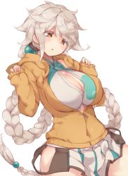 Rule 34 | 10s, 1girl, asymmetrical hair, bad id, bad pixiv id, bare shoulders, braid, breasts, bursting breasts, cleavage cutout, clothing cutout, cloud print, colored eyelashes, hair ornament, hood, hooded jacket, jacket, jitome, kantai collection, large breasts, looking down, microskirt, miniskirt, open mouth, pokoten (pokoten718), silver hair, single braid, skirt, skirt drape, solo, undersized clothes, unryuu (kancolle), yellow eyes