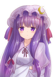 Rule 34 | 1girl, blue ribbon, blush, breasts, capelet, closed mouth, crescent, dress, hair ornament, hair ribbon, hat, hat ribbon, ichima (pixiv 29147205), long hair, looking at viewer, mob cap, neck ribbon, patchouli knowledge, purple eyes, purple hair, red ribbon, ribbon, sidelocks, solo, touhou, upper body, very long hair, white background