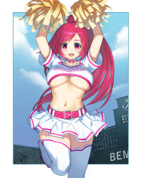 Rule 34 | 1girl, :d, arms up, belt, blush, breasts, cheerleader, cleavage, cloud, collarbone, commentary request, copyright name, crop top, day, detached collar, km (km517), large breasts, long hair, looking at viewer, navel, open mouth, photoshop (medium), pink eyes, pink hair, pleated skirt, pom pom (cheerleading), ponytail, rasis, short sleeves, skirt, smile, solo, sound voltex, sound voltex ii infinite infection, standing, standing on one leg, swept bangs, thighhighs, underboob, very long hair, white thighhighs