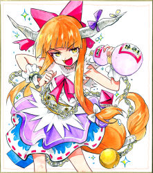 Rule 34 | 1girl, :d, absurdres, bow, chain, contrapposto, cube, cuffs, eudetenis, gourd, highres, horn ornament, horn ribbon, horns, ibuki suika, long hair, marker (medium), open mouth, orange hair, ribbon, shackles, shikishi, shirt, skirt, sleeveless, smile, sparkle, sparkle background, touhou, traditional media