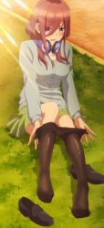 Rule 34 | 1girl, absurdres, black pantyhose, blue eyes, brown hair, clothes pull, feet, go-toubun no hanayome, hair between eyes, headphones, highres, long hair, nakano miku, outdoors, pantyhose, pulling own clothes, shoes, unworn shoes, sitting, solo, toes