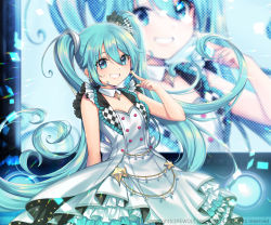 Rule 34 | 1girl, aqua eyes, arm behind back, back bow, bare arms, belly chain, blue hair, bow, breasts, checkered clothes, checkered dress, cleavage, collarbone, confetti, detached collar, diffraction spikes, dot nose, dress, earrings, floating hair, frills, hair between eyes, hand up, hatsune miku, idol, index finger raised, jewelry, layered dress, light blue hair, long hair, looking at viewer, more more jump! (project sekai), more more jump! miku, pleated dress, project sekai, rewolf, screen, silver trim, small breasts, smile, solo, sparkle earrings, sparkle hair ornament, sparkle print, stage, stage lights, twintails, upper body, very long hair, vocaloid, wavy hair, white bow, white dress, wing collar