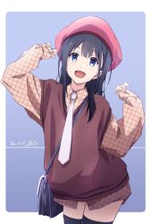 Rule 34 | 1girl, arm up, bag, baggy clothes, beret, black bag, black hair, black thighhighs, blue background, blue eyes, border, brown sweater vest, carrying bag, collared shirt, commentary, cowboy shot, dated, flat chest, hair over shoulder, hand up, hat, head tilt, highres, long hair, looking at viewer, monai-chan (nii manabu), necktie, nii manabu, no breasts, no pants, open mouth, original, outside border, oversized clothes, oversized shirt, plaid, plaid shirt, red hat, shirt, shoulder bag, sidelocks, signature, simple background, sleeves past wrists, smile, solo, sweater vest, thighhighs, unmoving pattern, white border, white necktie, yellow shirt