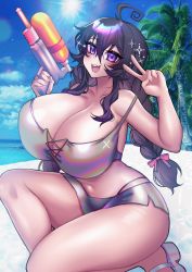 Rule 34 | 1girl, absurdres, ahoge, beach, bikini, blush, breasts, cleavage, commentary, crawling dreams, curvy, english commentary, fang, highres, holding, huge breasts, long hair, looking at viewer, merryweather, messy hair, nyarla (osiimi), osiimi, outdoors, palm tree, purple eyes, purple hair, skin fang, smile, summer, swimsuit, thick thighs, thighs, tree, twintails, v, very long hair, water gun, wide hips