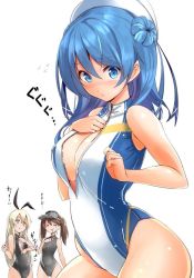 Rule 34 | 10s, 3girls, agarwood, bare shoulders, black one-piece swimsuit, blonde hair, blue eyes, blue hair, blush, breast envy, breasts, brown hair, center opening, cleavage, cleavage cutout, clothing cutout, competition swimsuit, crying, double bun, front zipper swimsuit, grey eyes, hair bun, hairband, halterneck, hat, highleg, highleg swimsuit, kantai collection, large breasts, long hair, looking at viewer, meme attire, multiple girls, one-piece swimsuit, ryuujou (kancolle), sailor hat, shimakaze (kancolle), shiny skin, simple background, skin tight, swimsuit, twintails, unzipped, urakaze (kancolle), visor cap, white background, white hat