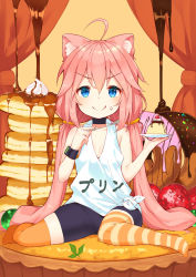 Rule 34 | 1girl, :q, ahoge, amagasa yun, animal ear fluff, animal ears, asymmetrical legwear, bike shorts, black choker, black shorts, blue eyes, blush, cat ears, choker, closed mouth, clothes writing, commentary request, doughnut, food, fruit, hair between eyes, hair bobbles, hair ornament, highres, hinata channel, holding, holding saucer, holding spoon, long hair, low twintails, mismatched legwear, nekomiya hinata, no shoes, orange thighhighs, pancake, pancake stack, pink hair, puddle, saucer, shirt, short shorts, shorts, sitting, smile, solo, spoon, strawberry, striped clothes, striped thighhighs, tank top, thighhighs, tongue, tongue out, translation request, twintails, very long hair, virtual youtuber, wariza, white shirt