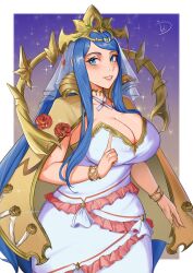 Rule 34 | 1girl, absurdres, blue eyes, blue hair, bracelet, breasts, cape, cleavage, commentary request, cowboy shot, crown, deliciousbrain, dress, fire emblem, fire emblem engage, grin, highres, jewelry, large breasts, long hair, looking at viewer, lumera (fire emblem), nintendo, smile, solo, sparkle, standing, strapless, strapless dress, veil, very long hair, white dress, yellow cape