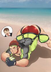 Rule 34 | 2boys, absurdres, akashi (live a hero), akashi (water bullet) (live a hero), arched back, arm rest, aroused nosebleed, ass, bara, baseball glove, beach, bodysuit, facial hair, feet out of frame, goatee, green bodysuit, hands on ground, highres, jack-o&#039; challenge, large pectorals, legs apart, live a hero, long sideburns, looking at viewer, male focus, male protagonist (live a hero), male swimwear, mecata, multiple boys, muscular, muscular male, o o, official alternate costume, pectorals, photo background, red eyes, red hair, red male swimwear, scar, scar on face, scar on nose, short hair, sideburns, solo focus, stretching, swim briefs, thick eyebrows, top-down bottom-up, yaoi