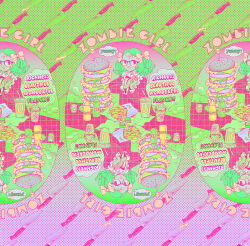 Rule 34 | 1girl, bow, burger, cheese, drink, drinking straw, english text, food, french fries, frilled shirt collar, frills, glasses, green hair, hair bow, halftone, halloween, knife, lettuce, long sleeves, looking at viewer, medium hair, multiple views, open mouth, original, own hands together, pink bow, ruhanalove, speech bubble, symmetry, zombie