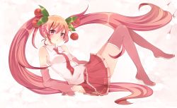 Rule 34 | 1girl, arm support, bad id, bad pixiv id, boots, cherry, detached sleeves, elbow rest, food, food-themed hair ornament, fruit, hair ornament, hatsune miku, long hair, parted lips, pink eyes, pink footwear, pink hair, pleated skirt, sakura miku, skirt, solo, thigh boots, thighhighs, twintails, very long hair, vocaloid