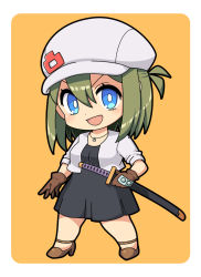 Rule 34 | 1girl, :d, black dress, blue eyes, borrowed character, breasts, brown footwear, brown gloves, cabbie hat, chibi, commentary request, cropped jacket, dress, full body, gloves, green hair, hair between eyes, hat, high heels, holding, holding sheath, jacket, katana, kurono, open clothes, open jacket, open mouth, orange background, original, sheath, sheathed, shoes, short sleeves, small breasts, smile, solo, standing, sword, two-tone background, v-shaped eyebrows, weapon, white background, white hat, white jacket, yunomiya agari