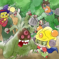 Rule 34 | 18-volt, 3boys, 9-volt, cape, clenched teeth, fronk, gloves, green pants, grey gloves, hat, helmet, holding, holding staff, monster, multiple boys, nintendo, official art, pants, red gloves, staff, takeuchi kou, teeth, third-party source, tree, warioware, warioware: get it together!, wizard hat