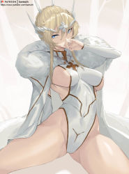 Rule 34 | 1girl, artoria pendragon (fate), artoria pendragon (lancer) (fate), bamuth, blonde hair, blue eyes, braid, breasts, cape, cleavage, cleavage cutout, clothing cutout, crown, detached sleeves, fate/grand order, fate (series), french braid, fur collar, hair between eyes, heattech leotard, highleg, highleg leotard, highres, large breasts, leotard, long hair, looking at viewer, nail polish, sidelocks, solo, thighs, turtleneck, white cape, white leotard