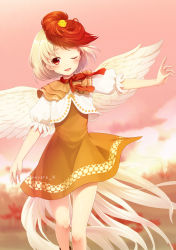 Rule 34 | 1girl, ;d, animal, animal on head, artist name, bird, blonde hair, blush, brown dress, chick, commentary request, dress, feathered wings, feet out of frame, looking at viewer, multicolored hair, neck ribbon, niwatari kutaka, nnyara, on head, one eye closed, open mouth, outdoors, outstretched arm, pink sky, puffy short sleeves, puffy sleeves, red eyes, red hair, red ribbon, ribbon, shirt, short dress, short hair, short sleeves, sky, smile, solo, standing, thighs, touhou, twitter username, two-tone hair, white shirt, wings