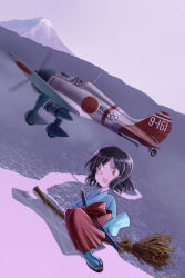 Rule 34 | 1girl, a5m, aircraft, airplane, bamboo broom, black hair, broom, broom riding, drop tank, flying, inui (jt1116), japanese clothes, miko, mount fuji, open mouth, original, sandals, sheath, sheathed, sidesaddle, smile, sword, vehicle focus, weapon