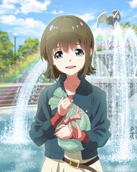 Rule 34 | 10s, 1girl, blue eyes, brown hair, crying, fountain, gift, hayashida airi, jacket, looking at viewer, mole, mole under eye, official art, open mouth, ribbon, short hair, solo, tears, wake up girls!, wake up girls! stage no tenshi, water