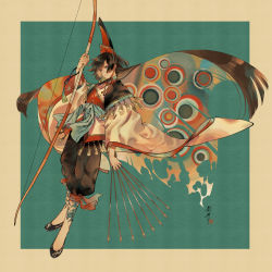 Rule 34 | 1boy, arrow (projectile), bishounen, black footwear, black pants, blue background, blue eyes, border, bow (weapon), brown border, brown hair, capri pants, chinese clothes, closed mouth, commentary request, full body, highres, holding, holding arrow, holding bow (weapon), holding weapon, leg tattoo, long hair, long sleeves, male focus, original, pants, sash, slippers, solo, tattoo, tsubonari, weapon