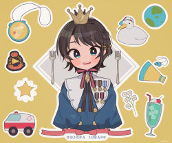 Rule 34 | 1girl, ambulance, blue eyes, blush, brown hair, cup, drinking glass, fork, highres, hololive, kingyo (g-fish), long sleeves, looking at viewer, oozora subaru, open mouth, short hair, smile, solo, stopwatch, subaru duck, swept bangs, teeth, upper teeth only, virtual youtuber, watch