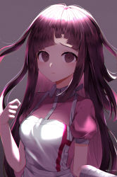 Rule 34 | 1girl, absurdres, apron, bandaged arm, bandages, blouse, blunt bangs, blush, breasts, chromatic aberration, closed mouth, commentary request, danganronpa (series), danganronpa 2: goodbye despair, dd 0000, dress, frown, hand up, highres, long hair, looking at viewer, medium breasts, mole, mole under eye, nurse, pink shirt, puffy short sleeves, puffy sleeves, purple eyes, purple hair, shirt, short sleeves, simple background, solo, tsumiki mikan, upper body, very long hair