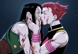 Rule 34 | 2boys, black hair, blood, blood on face, empty eyes, enyalee, french kiss, from side, hair slicked back, hands on another&#039;s neck, highres, hisoka morow, hunter x hunter, illumi zoldyck, kiss, long hair, male focus, multiple boys, red hair, short hair, sleeveless, tongue, tongue out, yaoi