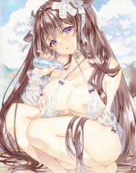 Rule 34 | 1girl, absurdres, animal ears, azur lane, bandaid, bandaid on head, bare legs, bikini, blue sky, blush, bottle, breasts, brown hair, censored, cleavage, cloud, cloudy sky, commentary, cow ears, cow horns, criss-cross halter, day, eyelashes, feet out of frame, flower, hair between eyes, hair flower, hair ornament, hair ribbon, halterneck, head tilt, highres, holding, holding bottle, horns, kashino (azur lane), kashino (hot springs relaxation) (azur lane), kisarush, large breasts, long hair, looking at viewer, marker (medium), milk bottle, mosaic censoring, nipple slip, nipples, official alternate costume, outdoors, parted lips, purple eyes, ribbon, see-through, see-through sleeves, sexually suggestive, signature, sky, solo, spill, spilling, squatting, string bikini, swimsuit, thighs, traditional media, very long hair, white bikini, white flower, white ribbon