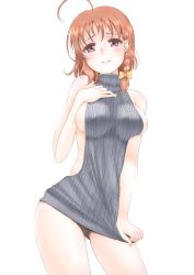 Rule 34 | 10s, 1girl, ahoge, alternate costume, bare arms, bare shoulders, blush, bow, braid, breasts, closed mouth, clothes tug, contrapposto, cowboy shot, dress, covered erect nipples, frapowa, gluteal fold, grey sweater, hair bow, hand on own chest, large breasts, looking at viewer, love live!, love live! sunshine!!, meme attire, no panties, orange hair, red eyes, ribbed sweater, short dress, short hair, side braid, sideboob, simple background, sleeveless, sleeveless turtleneck, smile, solo, standing, sweater, sweater dress, sweater tug, takami chika, thighs, turtleneck, virgin killer sweater, white background, yellow bow