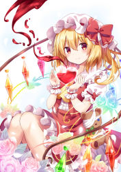 Rule 34 | 1girl, ambiguous red liquid, ascot, bandages, blonde hair, blush, bow, closed mouth, crystal, flandre scarlet, floral background, flower, frilled shirt collar, frilled sleeves, frills, hair between eyes, hat, hat bow, heart, holding, knees together feet apart, knees up, kure~pu, liquid, looking at viewer, mob cap, one side up, petals, petticoat, puffy short sleeves, puffy sleeves, red bow, red eyes, red skirt, red vest, rose, shirt, short hair, short sleeves, simple background, sitting, skirt, skirt set, smile, solo, stuffed animal, stuffed toy, teddy bear, thorns, touhou, vest, white shirt, wings, wrist cuffs, yellow ascot
