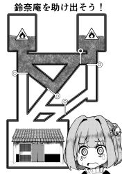Rule 34 | 1girl, bell, escape ad, gameplay mechanics, greyscale, hair bell, hair ornament, highres, house, liquid, monochrome, motoori kosuzu, mozu (pixiv3206077), open mouth, parody, pin, short hair, sign, solo, tears, touhou, translation request, twintails, two side up, warning sign