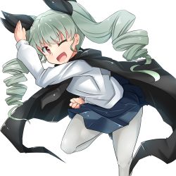 Rule 34 | 10s, 1girl, anchovy (girls und panzer), anzio school uniform, black cape, black footwear, black ribbon, black skirt, cape, dress shirt, drill hair, girls und panzer, green hair, hair ribbon, kitayama miuki, leg up, loafers, long hair, long sleeves, looking at viewer, miniskirt, one eye closed, open mouth, pantyhose, pleated skirt, red eyes, ribbon, school uniform, shirt, shoes, simple background, skirt, smile, solo, standing, standing on one leg, twin drills, twintails, white background, white pantyhose, white shirt