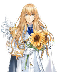 Rule 34 | 1boy, absurdres, ascot, bishounen, blonde hair, blue ascot, blue eyes, cape, fate/grand order, fate (series), feather boa, flower, formal, hair between eyes, highres, holding, holding flower, kirschtaria wodime, long hair, looking at viewer, male focus, okuno naru (exoprsa), simple background, solo, sunflower, upper body, white background, white cape