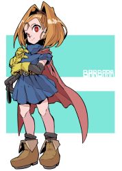 Rule 34 | 1girl, barbara (dq6), black socks, blue dress, boots, bright pupils, brown footwear, brown hair, cape, character name, closed mouth, dragon quest, dragon quest vi, dress, female focus, full body, gloves, high ponytail, jamir, legs apart, medium hair, ponytail, red cape, red eyes, short dress, smile, socks, solo, standing, whip, white pupils, yellow gloves
