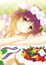 Rule 34 | 1girl, apron, bad id, bad pixiv id, breasts, cake, cleavage, cpu (hexivision), female focus, flower, food, fruit, gradient hair, grapes, head wreath, hijiri byakuren, icing, jewelry, kiwi (fruit), long hair, looking at viewer, multicolored hair, pineapple, ring, rose, smile, solo, strawberry, touhou, white flower, white rose, yellow eyes