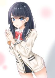 Rule 34 | 1girl, :o, bad id, bad pixiv id, bare legs, beliatan, black hair, black skirt, blue eyes, blush, bow, bowtie, breasts, cardigan, collared shirt, gridman universe, highres, long hair, long sleeves, looking at viewer, medium breasts, microskirt, miniskirt, open mouth, own hands together, parted lips, pleated skirt, red bow, red bowtie, school uniform, scrunchie, shirt, skirt, solo, ssss.gridman, standing, straight hair, takarada rikka, thighs, uniform, upper body, white background, white cardigan, white shirt, wrist scrunchie