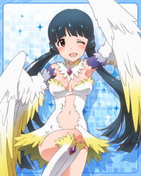 Rule 34 | 1girl, ;d, bird wings, blue background, blue hair, breasts, brown eyes, cleavage, cosplay, feathered wings, feathers, female focus, harpy, idolmaster, idolmaster million live!, jewelry, kawakami tetsuya, kitakami reika, long hair, looking at viewer, monster girl, navel, official art, one eye closed, open mouth, smile, solo, thighhighs, twintails, winged arms, wings, wink