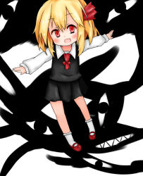 Rule 34 | 1girl, 2p (co2 3p), blonde hair, blush, child, eyebrows, full body, hair ornament, looking at viewer, open mouth, red eyes, rumia, shoes, skirt, socks, solo, standing, touhou