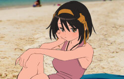 Rule 34 | 1girl, beach, blurry, blurry background, breasts, brown eyes, brown hair, closed mouth, collarbone, commentary request, day, hair ribbon, hairband, half-closed eyes, hand on own cheek, hand on own face, hand on own knee, head rest, jewelry, kakeami, knee up, large breasts, light blush, looking at viewer, necklace, outdoors, people, photo background, pink tank top, reclining, ribbon, sand, short hair, solo focus, suzumiya haruhi, suzumiya haruhi no yuuutsu, tank top, towel, yellow hairband, yellow ribbon
