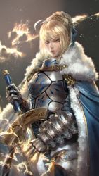 Rule 34 | 1girl, a (phrase), ahoge, antenna hair, armor, blonde hair, blue eyes, blurry, braid, coat, cowboy shot, crown, depth of field, excalibur (fate/stay night), fate/grand order, fate (series), faulds, flaming sword, flaming weapon, fur trim, gauntlets, gradient background, grey background, hair bun, highres, holding, holding sword, holding weapon, kaburagi yasutaka, looking at viewer, realistic, single hair bun, solo, sparks, standing, sword, weapon