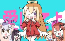 Rule 34 | &gt; &lt;, 5girls, :&gt;, :d, ;d, ahoge, angel wings, arms up, text background, bat hair ornament, black shirt, blonde hair, blush, brown eyes, brown hair, brown sweater, clenched hands, closed mouth, collared shirt, gabriel dropout, gabriel tenma white, hair between eyes, hair ornament, halo, hana kazari, hands up, heart, heart hands, highres, jacket, long hair, long sleeves, low wings, multiple girls, necktie, one eye closed, open mouth, purple eyes, raphiel shiraha ainsworth, red jacket, red neckwear, satanichia kurumizawa mcdowell, shirt, silver hair, sleeves past wrists, smile, sweater, tapris chisaki sugarbell, track jacket, trait connection, translation request, v-shaped eyebrows, very long hair, vignette tsukinose april, white wings, wings, x arms, xd, | |, || ||