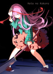 Rule 34 | 1girl, absurdres, bubble skirt, character name, expressionless, fox mask, full body, hata no kokoro, highres, holding, holding weapon, long hair, long sleeves, looking at viewer, mask, mask on head, naginata, pink eyes, pink hair, plaid, plaid shirt, polearm, sancking (fatekl), shirt, skirt, solo, standing, touhou, weapon