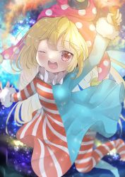 Rule 34 | 1girl, ;d, absurdres, american flag dress, ashino chimado, blonde hair, blurry, blush, bokeh, clownpiece, depth of field, flat chest, fur trim, hat, highres, holding, holding torch, jester cap, light particles, long hair, looking at viewer, one eye closed, open mouth, pink eyes, polka dot, smile, solo, teeth, torch, touhou, upper teeth only
