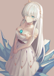 Rule 34 | 1girl, absurdres, anastasia (fate), bare shoulders, blue eyes, breasts, cleavage, collarbone, dh ead, dress, fate/grand order, fate (series), hair over one eye, hairband, highres, ice, jewelry, large breasts, long hair, looking at viewer, neck ring, necklace, pendant, silver hair, very long hair, white dress