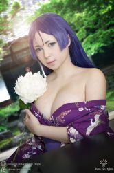 Rule 34 | 1girl, breasts, cleavage, cosplay, cosplay photo, fate/grand order, fate (series), female focus, highres, japanese clothes, kimono, large breasts, long hair, looking at viewer, matching hair/eyes, minamoto no raikou (fate), minamoto no raikou (fate) (cosplay), no bra, outdoors, photo (medium), purple eyes, purple hair, solo, yoshinobi cos, yukata