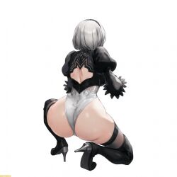 Rule 34 | 1girl, 2b (nier:automata), aiming, ass, back, back cutout, breasts, clothing cutout, crossover, curvy, from behind, gloves, goddess of victory: nikke, gun, hairband, highleg, highleg leotard, holding, holding gun, holding weapon, huge ass, large breasts, leotard, nier:automata, nier (series), official art, puffy sleeves, short hair, simple background, thick thighs, thighhighs, thighs, weapon, white background, white hair, wide hips