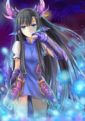 Rule 34 | 1girl, bad id, bad pixiv id, black hair, blue eyes, china dress, chinese clothes, dragon, dragon girl, dragon tail, dress, eastern dragon, fins, gloves, head fins, horns, karin (p&amp;d), light particles, long hair, puzzle &amp; dragons, tail, tailam