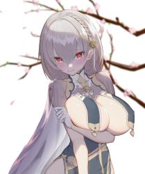 Rule 34 | 1girl, absurdres, arm under breasts, artist request, azur lane, blush, braid, breast curtains, breasts, cherry blossoms, china dress, chinese clothes, cleavage, closed mouth, dress, gloves, grey dress, half gloves, highres, large breasts, looking at viewer, neckwear between breasts, red eyes, revealing clothes, see-through, short hair, side braid, side slit, sideboob, silver hair, sirius (azur lane), sirius (azure horizons) (azur lane), unaligned breasts, white gloves