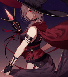 Rule 34 | 1girl, arm strap, black pants, bridal gauntlets, cape, choker, from side, garter straps, hair over shoulder, highres, holding, holding staff, hood, hood down, hooded, kisui (28992125), long hair, looking at viewer, original, pants, red cape, red eyes, red ribbon, ribbon, silver hair, sleeveless, smile, solo, staff, standing, swept bangs